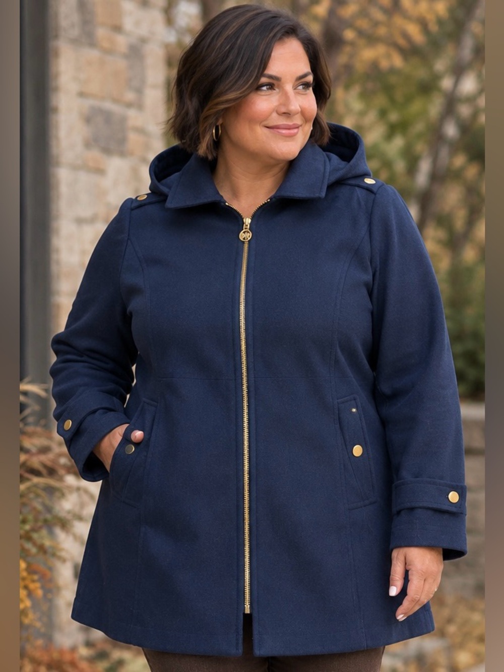 MICHAEL Michael Kors Navy Hooded Zip-Front Wool Coat with Gold Hardware